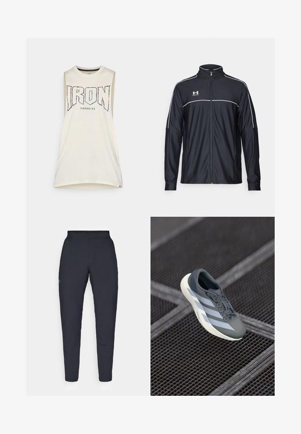 Schwarze Sportjacke aus glattem Material, mit hohem Kragen, durchgehendem Reißverschluss und weißen Paspeln entlang der Schultern und der Brust.; Ärmelloses, cremfarbenes Tanktop mit der Aufschrift "IRON" in auffälliger schwarzer Schrift. Hergestellt aus weicher Baumwolle, mit einem runden Halsausschnitt und einer lässigen Passform.; Schwarze Sporthose mit glatter Textur, schlankem Schnitt, elastischem Bund und seitlichen Taschen. Mit einem kleinen Logo auf dem linken Oberschenkel.; Sportsschuh in Grau und Weiß, aus synthetischem Material gefertigt, mit einem schlanken Design, strukturiertem Finish und ausgeprägtem Schnürsystem.