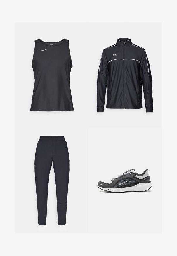 Jaqueta atlética preta feita de tecido liso, com gola alta, fecho éclair completo e detalhes em branco ao longo dos ombros e do peito.; Top desportivo preto sem mangas, com decote redondo e um pequeno logótipo azul claro no canto superior esquerdo do peito.; Calças de desporto negras com uma textura suave, corte justo, cintura elástica e bolsos laterais. Apresenta um pequeno logótipo na coxa esquerda.; Sapatilha atlética preta e cinza com parte superior em malha, detalhes reflexivos e uma entressola branca. Apresenta uma sola de borracha texturizada e atacadores.