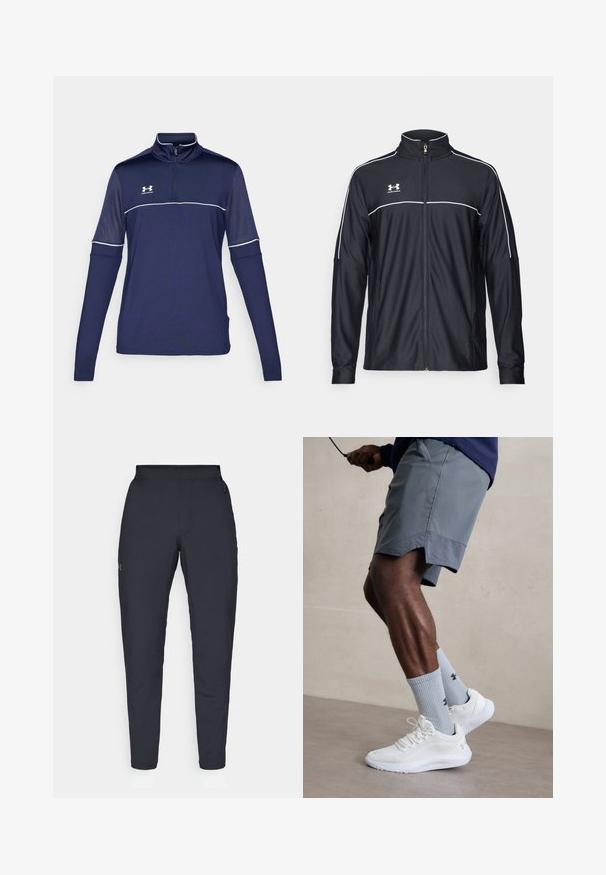 Crna sportska jakna od glatkog materijala, s visokim ovratnikom, punim zatvaračem i bijelim detaljima duž ramena i grudnog dijela.; Mornarski pulover dugih rukava s polu zatvaračem, koji sadrži bijele akcentne šavove i gornji panel od mrežaste tkanine. Izrađen je od lagane, prozračne tkanine.; Crne sportske hlače s glatkom teksturom, uskih krojeva, elastičnim pojasom i bočnim džepovima. Imaju mali logo na lijevom bedru.; Bijele sportske tenisice s teksturiranim mrežastim gornjim dijelom, uparene s svijetlo plavim rebrastim čarapama s logotipom. Sive sportske šortse s perforiranim rubom.