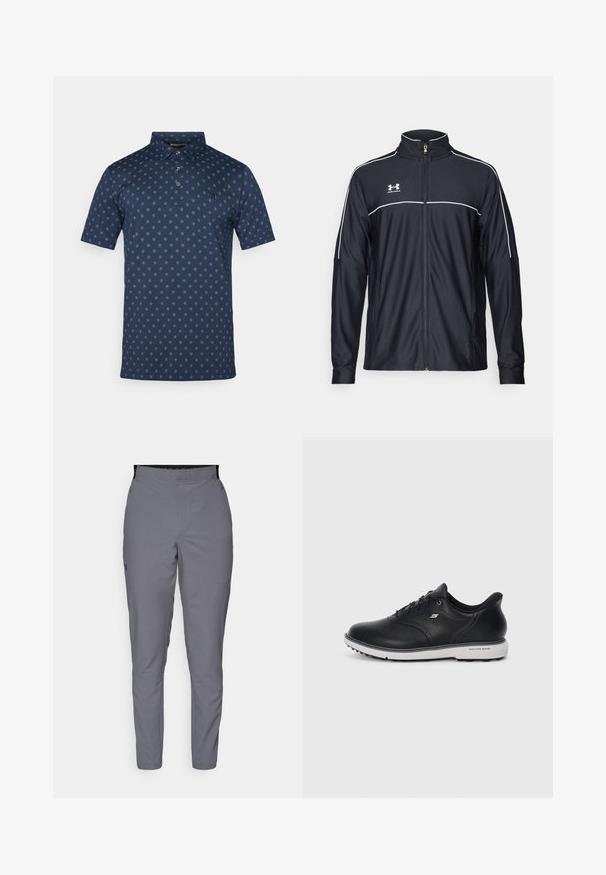 Veste de sport noire en tissu lisse, avec un col haut, une fermeture éclair intégrale et des empiècements blancs le long des épaules et de la poitrine.; Polo shirt marine en mélange de coton avec des manches courtes, un col boutonné et un motif floral bleu clair répétitif. Présente un petit logo.; Pantalon gris fuselé avec une texture lisse, une taille élastique et des poches latérales. Présente un petit logo sur la cuisse gauche.; Baskets Skechers noires en cuir avec lacets et semelle blanche, logo sur le côté et texture de grip sur la semelle, sur fond clair uni.