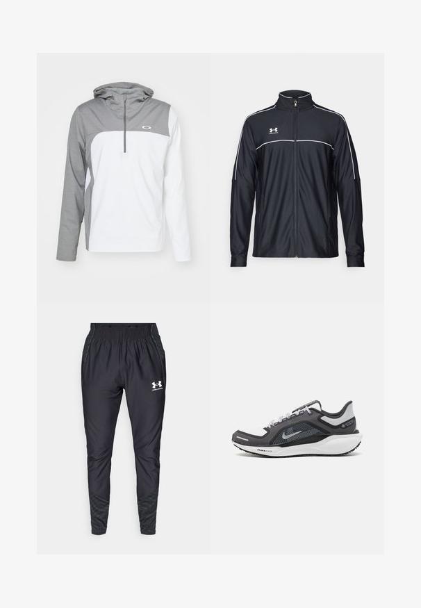 Schwarze Sportjacke aus glattem Material, mit hohem Kragen, durchgehendem Reißverschluss und weißen Paspeln entlang der Schultern und der Brust.; Leichte Pulli-Jacke mit einem grauen oberen Bereich, einem weißen unteren Bereich und einem Reißverschlusskragen. Verfügt über eine Kapuze und ein Logo auf der Brust.; Under Armour PRO PANT - Jogginghose - black/white; Schwarzer und grauer Sportschuh mit einem Mesh-Obermaterial, reflektierenden Akzenten und einer weißen Zwischensohle. Verfügt über eine strukturierte Gummisohle und Schnürsenkel.