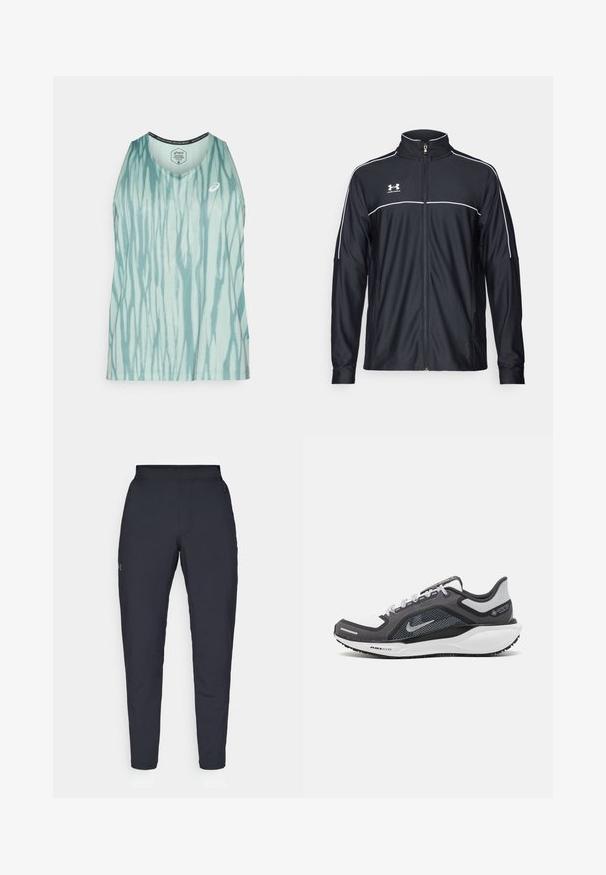 Čierna športová bunda vyrobená z hladkej látky, s vysokým golierom, plným zipsom a bielymi pásikmi pozdĺž ramien a hrudníka.; Svetlomodrý tielko s tie-dye vzorom a vertikálnymi pruhmi, zaobleným výstrihom a logom. Vyrobené z priedušného materiálu.; Čierne športové nohavice s hladkým povrchom, priliehavým strihom, elastickým pásom a bočnými vreckami. Obsahujú malé logo na ľavom stehne.; Čierna a sivá športová obuv s vrchnou časťou z priedušného materiálu, reflexné akcenty a biely medzipodrážka. Obsahuje štruktúrovanú gumovú podrážku a šnúrky.