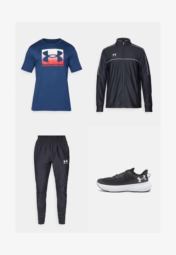 Svart treningsjakke laget av glatt stoff, med høy krage, full glidelås og hvite detaljer langs skuldrene og brystet.; Mørkeblå kortermet t-skjorte laget av mykt stoff, med et stort hvitt og rødt Under Armour-logo på forsiden.; Under Armour PRO PANT - Joggebukse - black/white; Sorte joggesko med en teksturert mesh-overdel, hvit dempesåle og svarte lisser, med en fremtredende hvit logo på hælen.