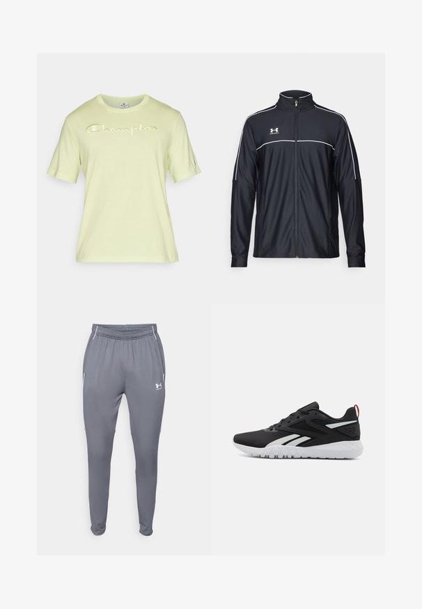 Melnā sporta jaka, izgatavota no gludas auduma, ar augstu apkakli, pilnu rāvējslēdzēju un baltu apdari gar pleciem un krūtīm.; Laimīgi zaļš īsām piedurknēm t-krekls ar "Champion" logo atstarojošā baltā krāsā krūtīs. Izgatavots no mīkstas auduma, ar apaļu kakla dizainu.; Pelēki sporta bikses ar elastīgu jostu, sānu kabatām un baltām akcents. Izgatavotas no gludas, vieglas materiāla.; Melnas sporta apavas ar aizsargājošu sietu augšējo daļu, baltām akcentiem, strukturētu zoli un sarkanu papēža cilpu papildu detaļām.