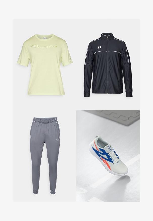 Musta urheilu takki, joka on valmistettu sileästä kankaasta. Takissa on korkea kaulus, täyspitkä vetoketju ja valkoiset tehosteet olkapäissä ja rinnassa.; Vihreä limen värinen lyhythihainen t-paita, jossa on "Champion"-logo heijastavalla valkoisella väriä rinnassa. Valmistettu pehmeästä kankaasta, pyöreä kaulusdesign.; Harmaat urheiluhousut, joissa on joustava vyötärö, sivutaskut ja valkoiset yksityiskohdat. Valmistettu sileästä, kevyestä materiaalista.; Valkoinen urheilukenkä, jossa on sinisiä ja punaisia yksityiskohtia, nauhoitettu ja leijailemassa vaaleanharmaalla lattialla, taustalla viiva ja matto.