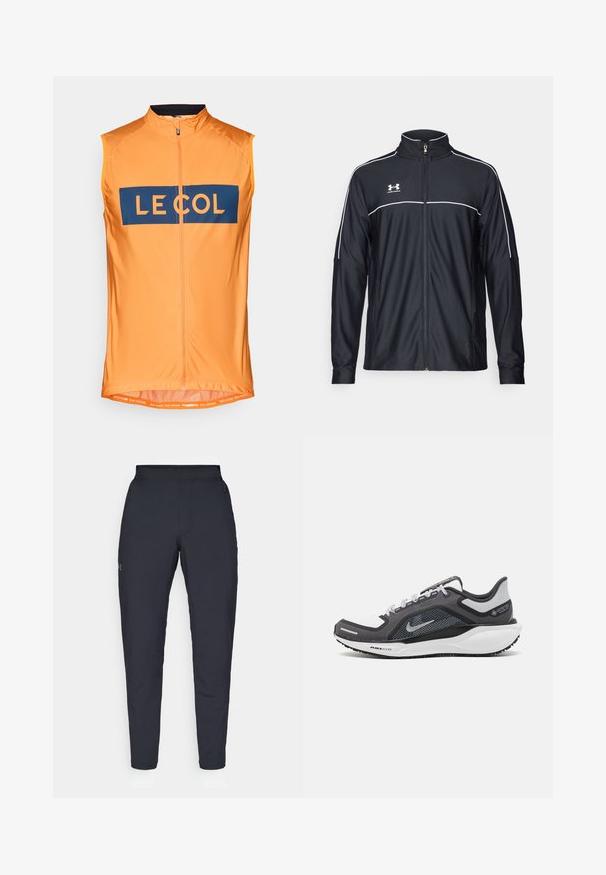 Juodas sportinis džemperis, pagamintas iš lygaus audinio, turintis aukštą apykaklę, pilną užtrauktuką ir baltą apvadą palei pečius ir krūtinę.; Oranžinė besiūlė dviratį važiuojanti liemenė su priekiniais užtrauktukais, ant kurios yra mėlyna stačiakampė "LE COL" logotipo ir tinklo apdaila. Lengvas audinys.; Juodos sportinės kelnės su lygiu paviršiumi, siauru siluetu, elastingu juosmeniu ir šoninėmis kišenėmis. Mažas logotipas yra kairėje šlaunyje.; Juodas ir pilkas sportinis batelis su tinkleliu viršuje, atspindinčiais akcentais ir balta vidurinė dalimi. Yra tekstūruota guminė išorinė pada ir raišteliai.