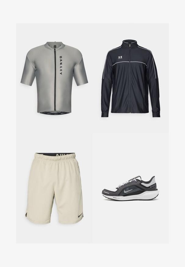 Črna športna jakna iz gladkega blaga, z visokim ovratnikom, polnim zadrgo in belim obrobljanjem ob ramenih in prsih.; Kratka kolesarska majica s kratkimi rokavi v gladkem sivem materialu z zadrgo spredaj, s črnim logotipom "OAKLEY" in oprijetim krojem.; Beige atletske kratke hlače iz lahkega materiala, z elastiko v pasu, stranskimi razporki in majhnim črnim logotipom Nike na spodnji levi strani.; Črne in sive atletske čevlje z mrežasto zgornjim delom, odsevnimi detajli in belim srednjim podplatom. Imajo strukturiran gumijast podplat in vezalke.