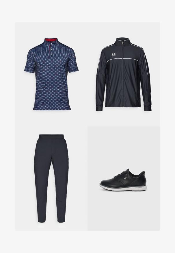 Svart treningsjakke laget av glatt stoff, med høy krage, full glidelås og hvite detaljer langs skuldrene og brystet.; Marine polo skjorte med krage, med hvit og rød diamantmønster, knappestolpe og kontrastfarget rød innerside av kragen. Korte ermer.; Sorte treningbukser med glatt tekstur, smal passform, elastisk midjebånd og sidelommer. Har en liten logo på venstre lår.; Sorte lær lissene Skechers-sneakers med hvit såle, side-logo og teksturert grep på sålen mot en enkel lys bakgrunn.