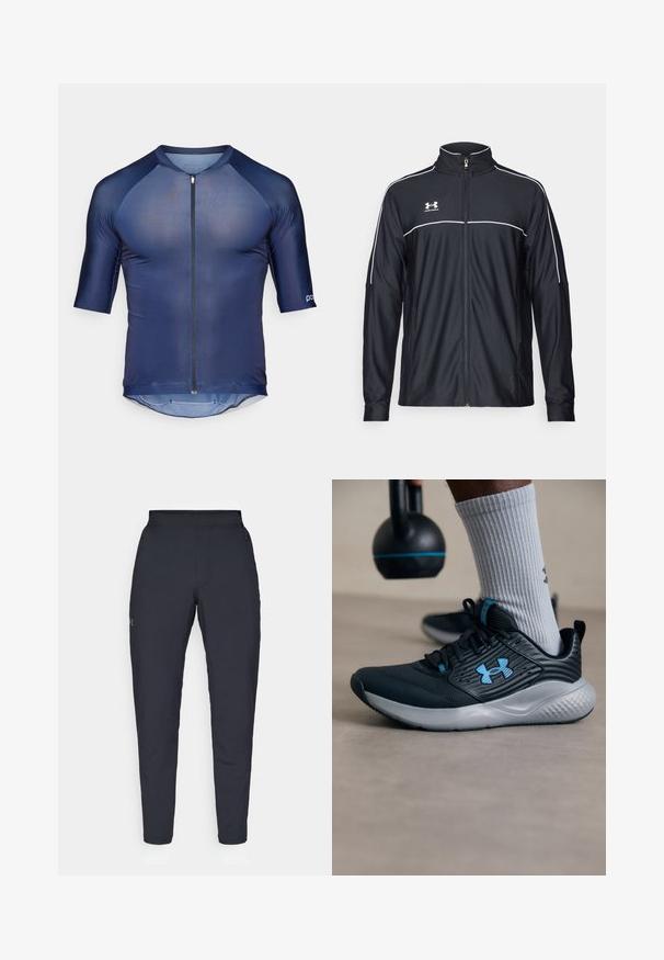 Svart treningsjakke laget av glatt stoff, med høy krage, full glidelås og hvite detaljer langs skuldrene og brystet.; Navy kortermet sykkeltrøye med glidelås foran, laget av lett stoff. Har raglanermer og en buet søm bak.; Sorte treningbukser med glatt tekstur, smal passform, elastisk midjebånd og sidelommer. Har en liten logo på venstre lår.; Svarte idrettsko med blå detaljer, teksturert overdel og grå såle. Brukt med grå ribbestrikkede sokker, ved siden av en svart kettlebell.