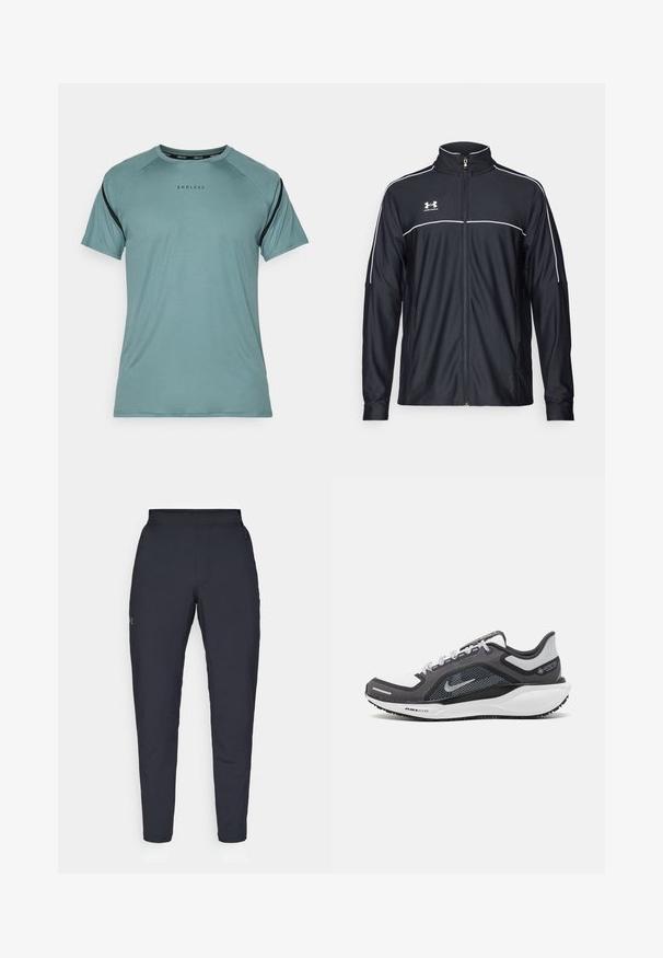 Melnā sporta jaka, izgatavota no gludas auduma, ar augstu apkakli, pilnu rāvējslēdzēju un baltu apdari gar pleciem un krūtīm.; Endless APHEX - Sporta krekli - cypress; Melnas sporta bikses ar gludu tekstūru, šauru piegriezumu, elastīgu jostu un sānu kabatām. Uz kreisā augšstilba ir mazs logs.; Melnas un pelēkas sporta kurpes ar tīklu augšdaļu, atstarojošiem akcentiem un baltu starpzoli. Aprīkotas ar teksturētu gumijas zoli un šņorēm.