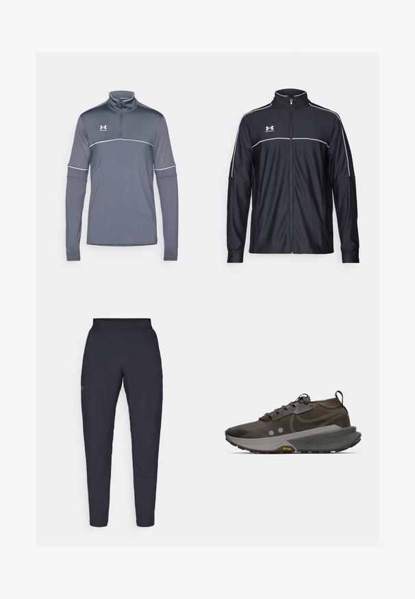 Jachetă sport neagră dintr-un material neted, cu guler înalt, fermoar complet și dungi albe pe umeri și piept.; Tricou sportiv gri, cu mâneci lungi și fermoar la jumătate, decorat cu o linie albă, fabricat dintr-un material ușor și respirabil. Include logo pe pieptul stâng.; Pantaloni sportivi negri cu o textură fină, croială slim, talie elastică și buzunare laterale. Prezentă un mic logo pe coapsa stângă.; Adidași de alergare gri închis cu un superior respirabil, plasă texturată, toc întărit și o talpă intermediară curbată distinctivă cu accente Vibram.