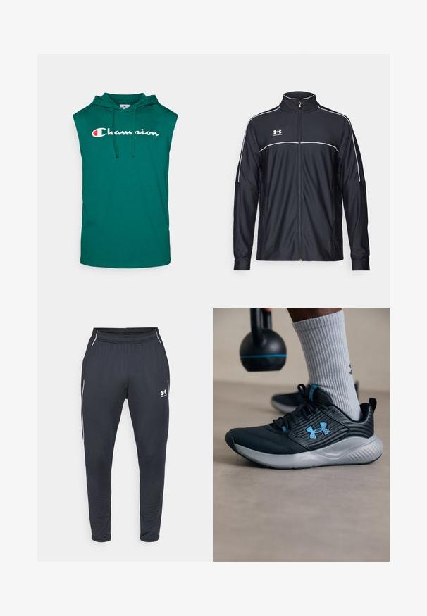 Svart treningsjakke laget av glatt stoff, med høy krage, full glidelås og hvite detaljer langs skuldrene og brystet.; Teal ermeløs hettegenser laget av bomull, med en frontlomme og snor. Ordet "Champion" vises i hvitt over brystet.; Svart treningbukse laget av glatt stoff, med elastisk liv, avsmalnende ben og hvite sidestriper. Inkluderer en Under Armour-logo.; Svarte idrettsko med blå detaljer, teksturert overdel og grå såle. Brukt med grå ribbestrikkede sokker, ved siden av en svart kettlebell.