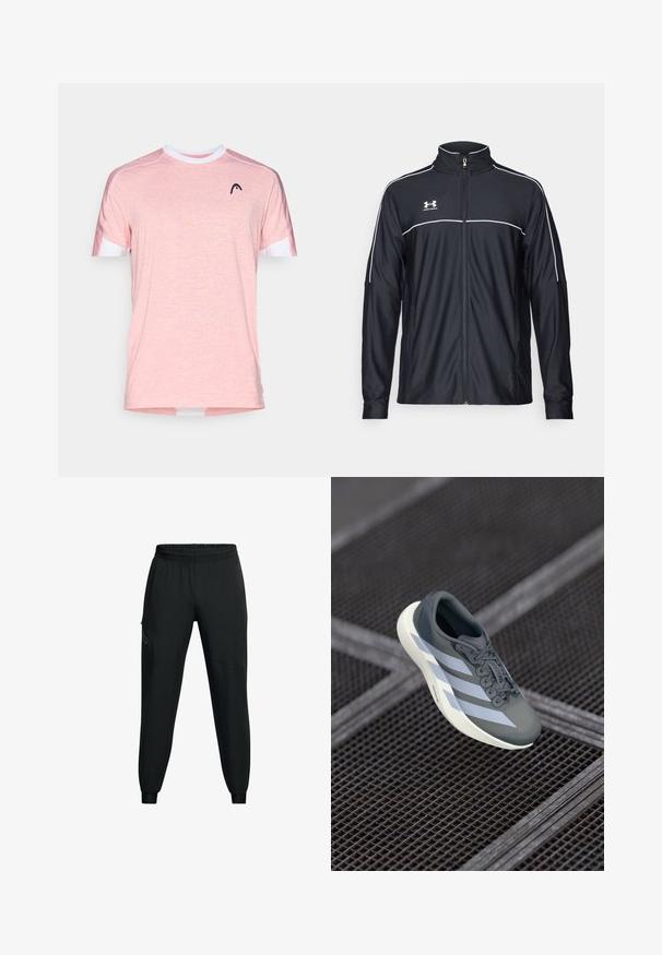 Černá sportovní bunda vyrobena z hladké látky, s vysokým límcem, plným zipem a bílým prošíváním podél ramen a hrudi.; Světle růžové tričko s krátkým rukávem vyrobené z texturované látky. Má bílý kulatý výstřih a černé logo na hrudi.; Černé sportovní kalhoty s elastickým pasem, zúženým střihem nohavic, bočními kapsami a kontrastními panely. Lehce, hladká látka.; Sportovní obuv v šedé a bílé barvě, vyrobená z syntetického materiálu, s aerodynamickým designem, texturovaným povrchem a výrazným systémem šněrování.