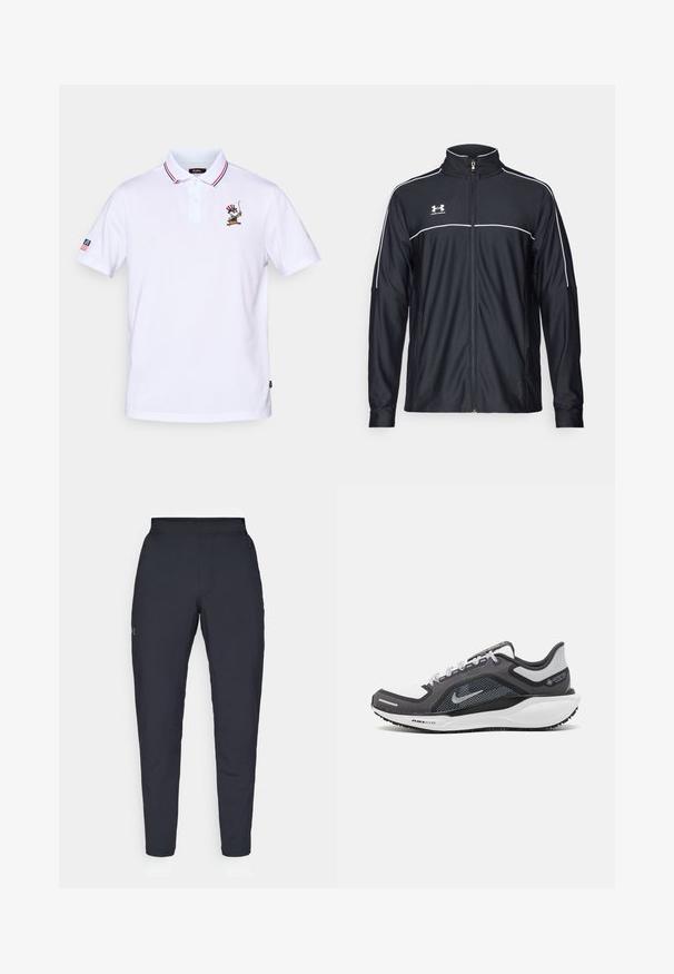 Veste de sport noire en tissu lisse, avec un col haut, une fermeture éclair intégrale et des empiècements blancs le long des épaules et de la poitrine.; Polo blanc avec col rayé rouge et bleu, patte de boutonnage à trois boutons et un design de personnage brodé sur la poitrine.; Pantalons de sport noirs avec une texture lisse, coupe slim, taille élastique et poches latérales. Présente un petit logo sur la cuisse gauche.; Baskets de sport noires et grises avec un empeigne en maille, des accents réfléchissants et un intermédiaire blanc. Comprend une semelle extérieure en caoutchouc texturé et des lacets.