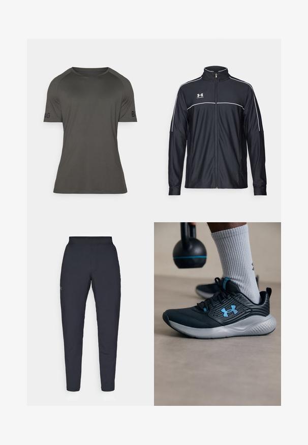 Chaqueta deportiva negra de tejido suave, con un alto cuello, cremallera completa y ribetes blancos en los hombros y el pecho.; Camiseta atlética de color gris oscuro con mangas cortas, cuello redondo, tela suave y detalle de logo en la manga izquierda. Diseño ligero y ajustado.; Pantalones deportivos negros con una textura suave, corte ajustado, cinturilla elástica y bolsillos laterales. Presentan un pequeño logo en el muslo izquierdo.; Zapatilla deportiva negra con acentos azules, parte superior texturizada y suela gris. Llevada con calcetines grises de canalé, al lado de una kettlebell negra.