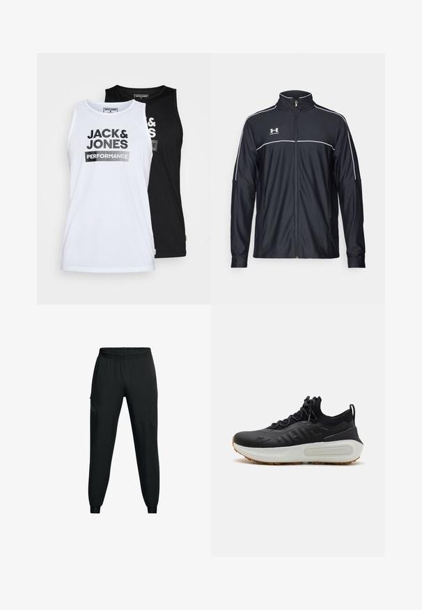 Čierna športová bunda vyrobená z hladkej látky, s vysokým golierom, plným zipsom a bielymi pásikmi pozdĺž ramien a hrudníka.; Súprava dvoch bezrukávových tričiek v bielej a čiernej farbe. Materiál je hladká bavlna. Na prednej strane je výrazný čierny nápis "JACK & JONES PERFORMANCE".; Čierne športové nohavice s elastickým pásom, zúženým strihom nohavíc, bočnými vreckami a kontrastnými panelmi. Ľahká, hladká látka.; Čierne športové topánky s textúrovaným zvrškom, golierom v štýle ponožky, sivými šnúrkami a bielou medzipodrážkou, ktorá má vzorovaný dizajn, a gumovou podrážkou.