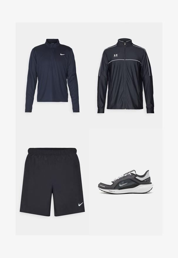 Melnā sporta jaka, izgatavota no gludas auduma, ar augstu apkakli, pilnu rāvējslēdzēju un baltu apdari gar pleciem un krūtīm.; Nike Performance PACER TOP - Tops ar garām piedurknēm - obsidian/silver; Melnas sporta šorti, izgatavoti no viegla materiāla, ar elastīgu jostu. Uz apakšējā kreisā stūra ir neliels balts Nike logo.; Melnas un pelēkas sporta kurpes ar tīklu augšdaļu, atstarojošiem akcentiem un baltu starpzoli. Aprīkotas ar teksturētu gumijas zoli un šņorēm.