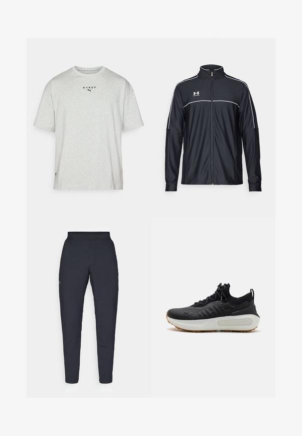 Juodas sportinis džemperis, pagamintas iš lygaus audinio, turintis aukštą apykaklę, pilną užtrauktuką ir baltą apvadą palei pečius ir krūtinę.; Pilkas trumpas rankovėmis marškinėliai pagaminti iš minkštos medžiagos. Priekyje yra juodas "HYROX" logotipas ir Puma logotipas. Paprastas apvalus kaklo iškirpimas.; Juodos sportinės kelnės su lygiu paviršiumi, siauru siluetu, elastingu juosmeniu ir šoninėmis kišenėmis. Mažas logotipas yra kairėje šlaunyje.; Juoda sportinė avalynė su tekstūruotu paviršiumi, kaip kojinės apykakle, pilkais raišteliais ir balta tarpine su raštuotu dizainu bei guminėmis pado dalimis.