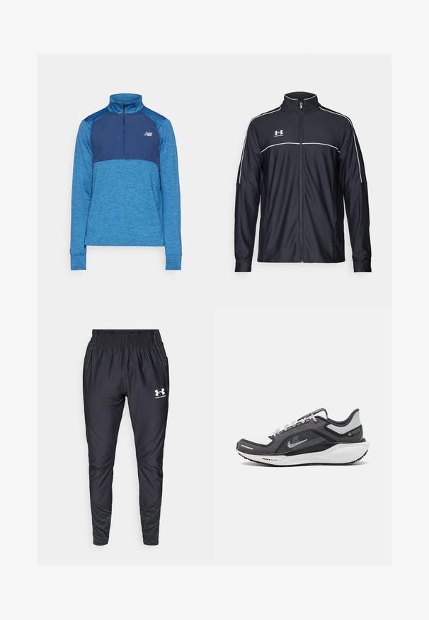 Fekete sportdzseki sima szövetből, magas nyakkal, teljes cipzárral és fehér díszítéssel a vállakon és a mellkason.; Hosszú ujjú sportpóló különböző kék árnyalatokban. Félcipzáras gallérral, texturált anyaggal és logóval a mellkason.; Under Armour PRO PANT - Tréningruha alsók - black/white; Fekete és szürke sportcipő, hálós felsőrésszel, fényvisszaverő részletekkel és fehér középtalppal. A talpa texturált gumiból készült, és fűzőkkel rendelkezik.
