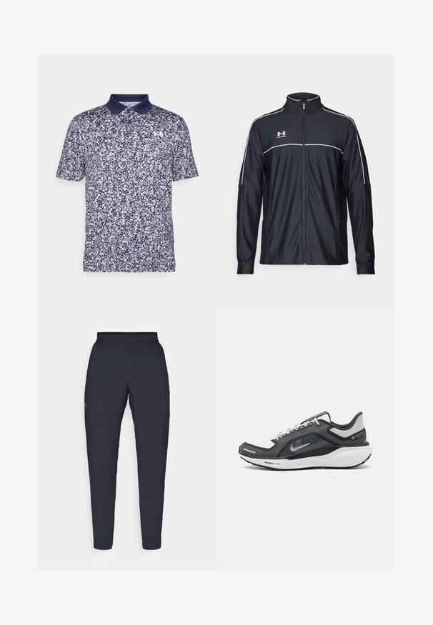 Fekete sportdzseki sima szövetből, magas nyakkal, teljes cipzárral és fehér díszítéssel a vállakon és a mellkason.; Tengerészkék, rövid ujjú pólóing rózsaszín és fehér virágmintával. Egyszínű színű gallérral és kis logóval a mellrészen.; Fekete sportnadrág sima textúrával, karcsú szabással, rugalmas derékrésszel és oldalzsebekkel. A bal combján egy kis logó található.; Fekete és szürke sportcipő, hálós felsőrésszel, fényvisszaverő részletekkel és fehér középtalppal. A talpa texturált gumiból készült, és fűzőkkel rendelkezik.