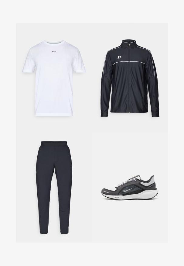 Fekete sportdzseki sima szövetből, magas nyakkal, teljes cipzárral és fehér díszítéssel a vállakon és a mellkason.; Fehér, rövid ujjú sportpóló diszkrét függőleges textúrával és "BOSS" felirattal a mellkason.; Fekete sportnadrág sima textúrával, karcsú szabással, rugalmas derékrésszel és oldalzsebekkel. A bal combján egy kis logó található.; Fekete és szürke sportcipő, hálós felsőrésszel, fényvisszaverő részletekkel és fehér középtalppal. A talpa texturált gumiból készült, és fűzőkkel rendelkezik.