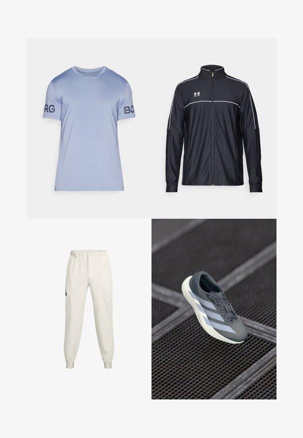 Juodas sportinis džemperis, pagamintas iš lygaus audinio, turintis aukštą apykaklę, pilną užtrauktuką ir baltą apvadą palei pečius ir krūtinę.; Šviesiai mėlynas marškinėliai, pagaminti iš lygaus audinio. Apvalaus kaklo dizainas su trumpomis rankovėmis. Kairiajame rankovėje yra tamsiai mėlyna "BORG" logotipas.; Šviesiai smėliniai džinsai su elastingu juosmeniu, šoninėmis kišenėmis ir rūbų juostelėmis; turi juodą logotipo akcentą kairėje klube.; Sportiniai batai pilkos ir baltos spalvos, pagaminti iš sintetinės medžiagos, su srauniu dizainu, tekstūruota danga ir ryškiu raištelių sistemu.