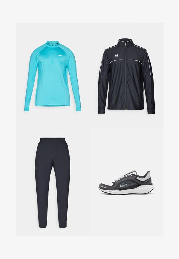 Črna športna jakna iz gladkega blaga, z visokim ovratnikom, polnim zadrgo in belim obrobljanjem ob ramenih in prsih.; Svetlo turkizna Nike majica s dugim rukavima za trening s četvrtastim patentnim zatvaračem i belim Swoosh logom na grudima, prikazana na jednostavnoj pozadini.; Črne atletske hlače z gladko teksturo, ožjega kroja, elastičnim pasom in stranskimi žepi. Imajo majhen logotip na levem stegnu.; Črne in sive atletske čevlje z mrežasto zgornjim delom, odsevnimi detajli in belim srednjim podplatom. Imajo strukturiran gumijast podplat in vezalke.