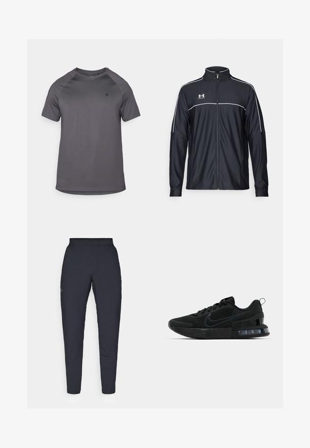 Černá sportovní bunda vyrobena z hladké látky, s vysokým límcem, plným zipem a bílým prošíváním podél ramen a hrudi.; Šedé sportovní tričko s kulatým výstřihem, krátkými raglánovými rukávy a hladkým povrchem, na levé straně s logem.; Černé sportovní kalhoty s hladkou texturou, slim fit, elastickým pasem a bočními kapsami. Na levém stehně je umístěno malé logo.; Černá atletická bota Nike s vrchní částí z technické síťoviny, gumovou podrážkou, polstrovaným límcem a výrazným průhledným akcentem na patě.