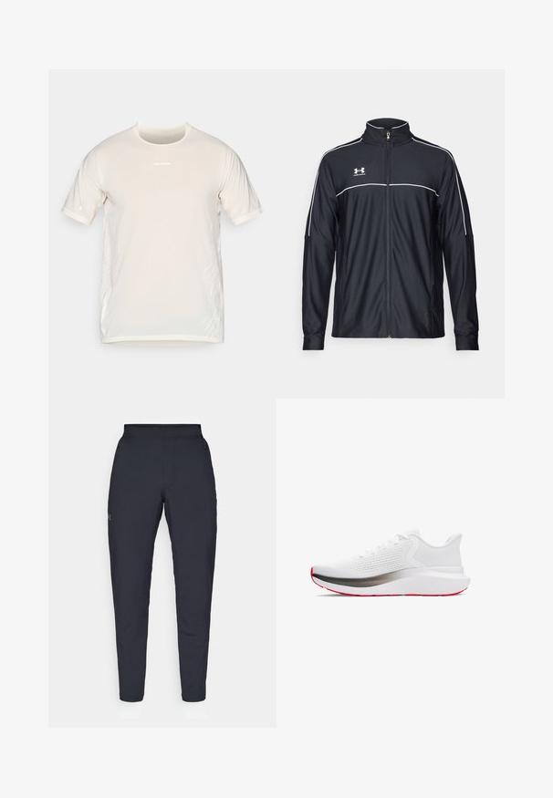 Črna športna jakna iz gladkega blaga, z visokim ovratnikom, polnim zadrgo in belim obrobljanjem ob ramenih in prsih.; Bežna kratkotrajna športna majica Salomon s kratkimi rokavi in okroglim izrezom, na straneh pa so subtilne bele grafične črte.; Črne atletske hlače z gladko teksturo, ožjega kroja, elastičnim pasom in stranskimi žepi. Imajo majhen logotip na levem stegnu.; Športni čevelj z belim mrežastim zgornjim delom, srebrnim medpodplatom in rdečim podplatom. Ima okrogle vezalke in podložen ovratnik za udobje.