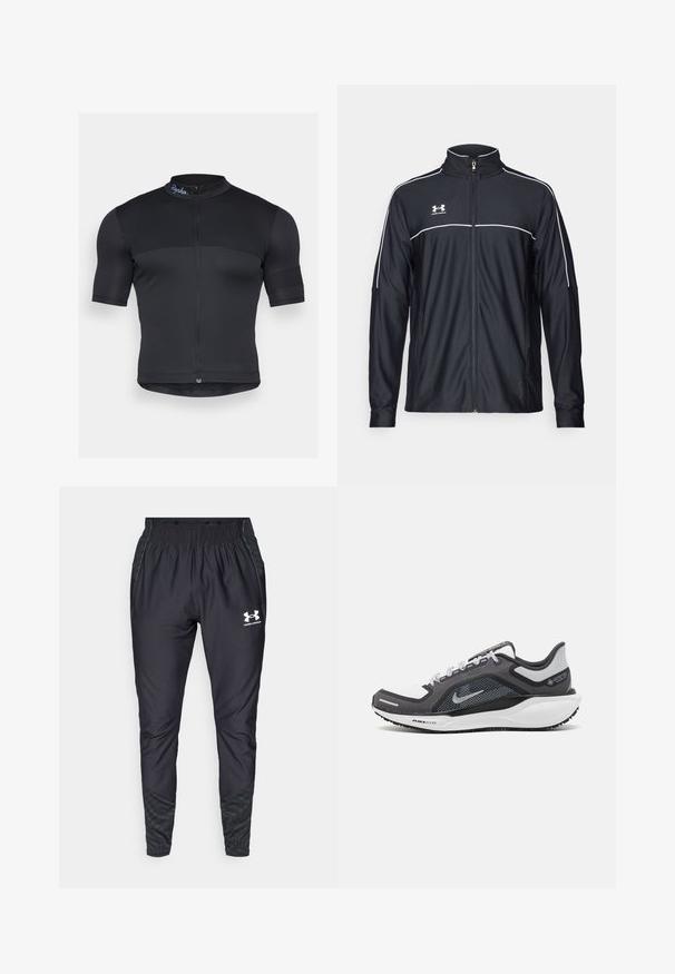 Black athletic jacket made of smooth fabric, featuring a high collar, full zipper, and white piping along the shoulders and chest.; Black cycling jersey made of stretchy fabric, featuring short sleeves, a half-zip front, and a subtle ribbed texture with a logo on the collar.; Under Armour PRO PANT - Tracksuit bottoms - black/white; Black and gray athletic shoe with a mesh upper, reflective accents, and a white midsole. Features textured rubber outsole and laces.