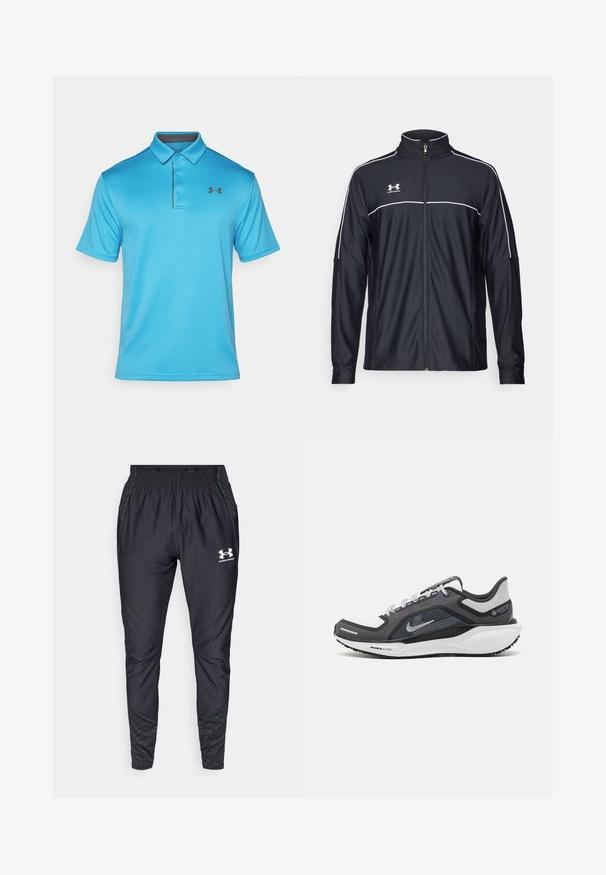 Zwarte sportjack van soepel materiaal, met een hoge kraag, volledige ritssluiting en witte piping langs de schouders en borst.; Blauwe polo met een gemêleerde stof, voorzien van een kraag, een drie knopen sluiting en een klein zwart logo op de linkerkant van de borst.; Under Armour PRO PANT - Trainingsbroek - black/white; Zwarte en grijze sportschoen met een bovenwerk van mesh, reflecterende accenten en een witte tussenzool. Beschikt over een gestructureerde rubberen zool en veters.
