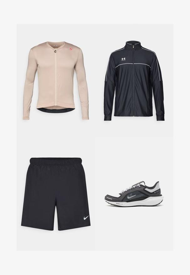 Schwarze Sportjacke aus glattem Material, mit hohem Kragen, durchgehendem Reißverschluss und weißen Paspeln entlang der Schultern und der Brust.; Langärmliges Fahrradtrikot in hellbeige, aus strukturiertem atmungsaktivem Stoff. Mit einem Reißverschluss vorne, Logo-Akzent und kontrastierendem Saum.; Schwarze sportliche Shorts aus leichtem Material mit einem elastischen Bund. Auf der unteren linken Seite befindet sich ein kleines weißes Nike-Logo.; Schwarzer und grauer Sportschuh mit einem Mesh-Obermaterial, reflektierenden Akzenten und einer weißen Zwischensohle. Verfügt über eine strukturierte Gummisohle und Schnürsenkel.