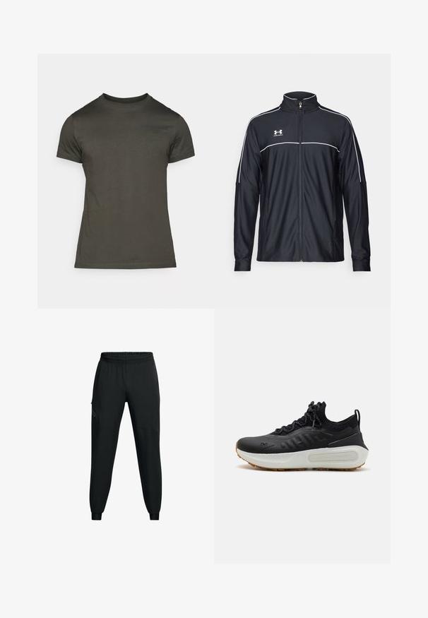 Mustmust rõivakate, mis on valmistatud siledast kangast, kõrge kraega, täispika tõmblukuga ja valgete ääristega õlgadel ja rinnaosas.; Tume oliivroheline t-särk, lühikeste varrukatega, ümar kaelus, pehmest puuvillast, ees diskreetse logoga. Sujuv tekstuur, vaba ajaga sobiv lõige.; Musthave mustamaadid sportlikud püksid elastse vöökohaga, kitseneva jala disainiga, küljetaskudega ja kontrastsete paneelide detailidega. Kerge, sileda kangaga.; Mustad mustlussaadad tekstuuriga ülemise osaga, sokilaadsed krae, hallid nöörid ja valge vaheosa, millel on mustriga disain ja kummine välistald.