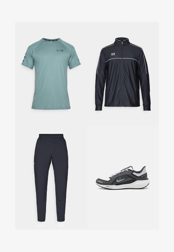 Čierna športová bunda vyrobená z hladkej látky, s vysokým golierom, plným zipsom a bielymi pásikmi pozdĺž ramien a hrudníka.; Endless CAMISETA FEISTY ICONIC - Športové tričko - cypress; Čierne športové nohavice s hladkým povrchom, priliehavým strihom, elastickým pásom a bočnými vreckami. Obsahujú malé logo na ľavom stehne.; Čierna a sivá športová obuv s vrchnou časťou z priedušného materiálu, reflexné akcenty a biely medzipodrážka. Obsahuje štruktúrovanú gumovú podrážku a šnúrky.