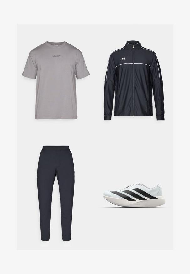 Mustmust rõivakate, mis on valmistatud siledast kangast, kõrge kraega, täispika tõmblukuga ja valgete ääristega õlgadel ja rinnaosas.; Hall griist puuvillane T-särk ümmarguse kaelusega. Omab lühikesi varrukaid ja väikest tumedamat halli broderi logo rinnal.; Mustad mustreid spordipüksid, millel on sile tekstuur, kitsas lõige, elastne vöökoht ja küljetaskud. Vasakule reiele on tikandatud väike logo.; Kerged jooksujalatsid helesinises värvuses mustade triipudega. Omavad siledat pealispinda, ümarat varvase osa ja paksu valget vahemõõtu, millel on silt "LIGHTSTRIKE PRO".