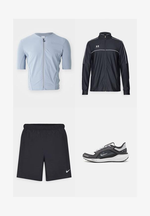 Veste de sport noire en tissu lisse, avec un col haut, une fermeture éclair intégrale et des empiècements blancs le long des épaules et de la poitrine.; T-shirt de cyclisme à manches courtes de couleur bleu clair, avec une texture en grille, une fermeture éclair à l'avant et un col rond, conçu pour le confort et la respirabilité.; Shorts de sport noirs en matériau léger avec une taille élastique. Présente un petit logo Nike blanc sur le bas du côté gauche.; Baskets de sport noires et grises avec un empeigne en maille, des accents réfléchissants et un intermédiaire blanc. Comprend une semelle extérieure en caoutchouc texturé et des lacets.