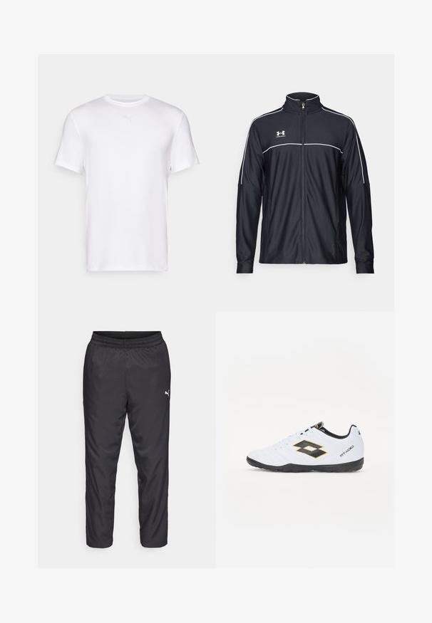 Chaqueta deportiva negra de tejido suave, con un alto cuello, cremallera completa y ribetes blancos en los hombros y el pecho.; Camiseta blanca de mangas cortas hecha de una tela suave y ligera. Cuenta con un cuello redondo y un logo sutil en el pecho.; Pantalones deportivos negros hechos de un material liso y ligero. Presenta una cintura elástica y un pequeño logo blanco en el lado izquierdo.; Zapatillas deportivas blancas con acentos en negro y amarillo, que cuentan con un upper texturizado, punta redonda y suela de goma negra. El diseño incluye un detalle de logo en el lateral.