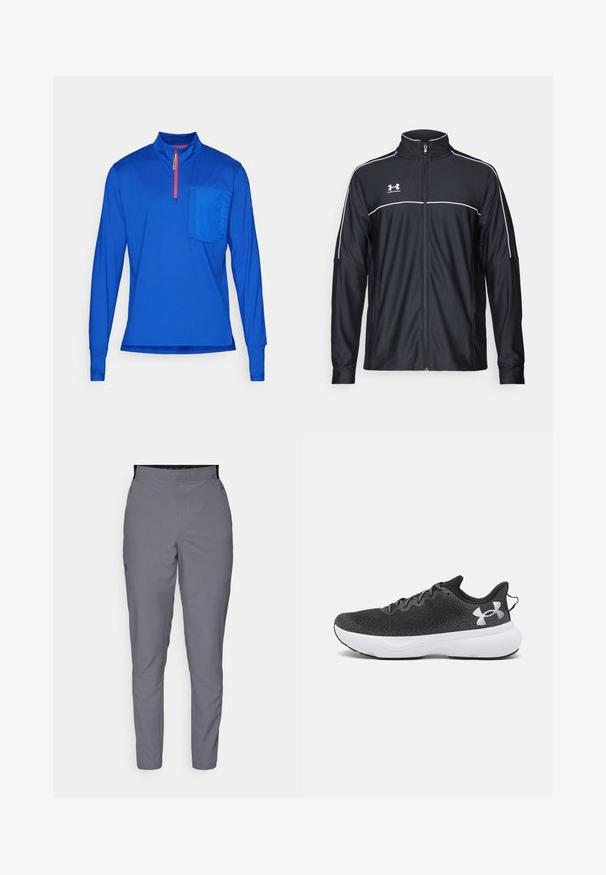 Black athletic jacket made of smooth fabric, featuring a high collar, full zipper, and white piping along the shoulders and chest.; Long-sleeve, half-zip top in bright blue fabric. Features a chest pocket and contrasting red zipper. Smooth texture, athletic fit.; Gray, tapered pants with a smooth texture, elastic waistband, and side pockets. Features a small logo on the left thigh.; Black athletic shoes with a textured mesh upper, white cushioning sole, and black laces, featuring a prominent white logo on the heel.