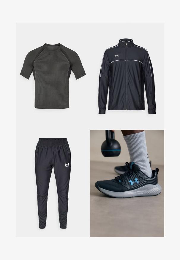 Zwarte sportjack van soepel materiaal, met een hoge kraag, volledige ritssluiting en witte piping langs de schouders en borst.; Zwart sportshirt met korte mouwen, een gestructureerd ribbelpatroon, een getailleerd ontwerp en een minimalistische afwerking langs de mouwen en de kraag.; Under Armour PRO PANT - Trainingsbroek - black/white; Zwarte sportschoen met blauwe accenten, gestructureerde bovenkant en grijze zool. Draagt met grijze geribbelde sokken, naast een zwarte kettlebell.