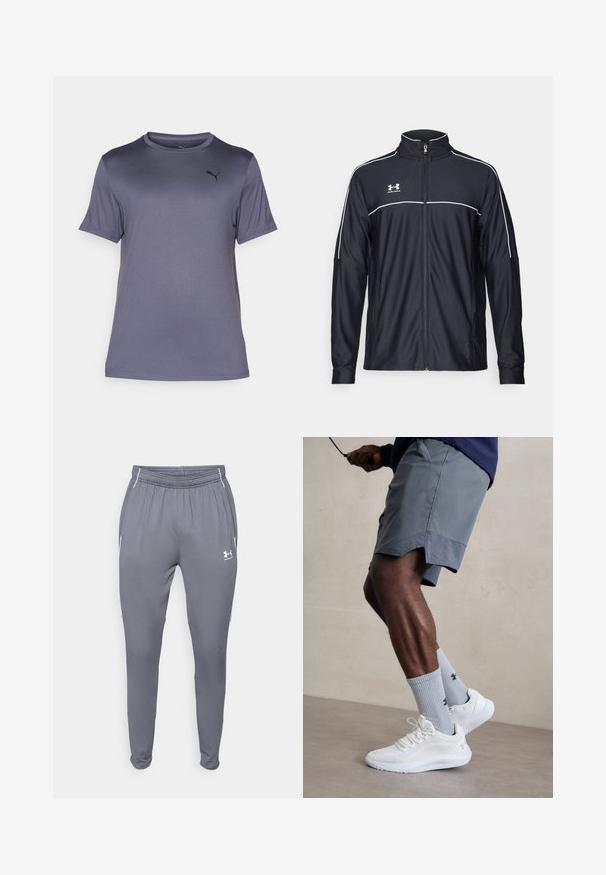 Čierna športová bunda vyrobená z hladkej látky, s vysokým golierom, plným zipsom a bielymi pásikmi pozdĺž ramien a hrudníka.; Sivý krátky rukáv tričko vyrobené z hladkej, ľahkej tkaniny. Má kruhový výstrih a jemné čierne logo na ľavej hrudi.; Šedé športové nohavice s elastickým pásom, bočnými vreckami a bielymi akcentmi. Vyrobené z hladkého, ľahkého materiálu.; Biele atletické topánky s textúrovaným sieťovinovým zvrškom, v kombinácii so svetlomodrými rebrovanými ponožkami s logom. Šedé atletické šortky s perforovaným lemem.