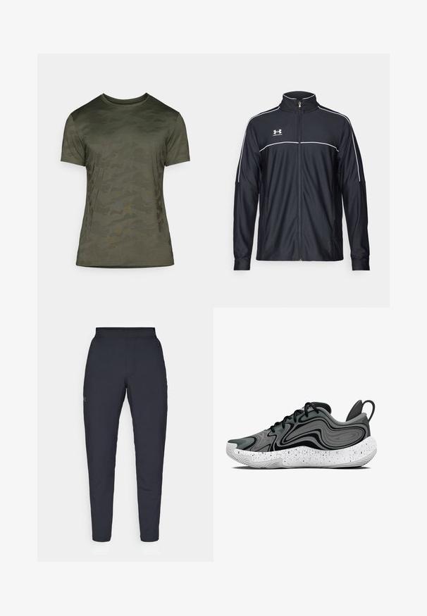 Schwarze Sportjacke aus glattem Material, mit hohem Kragen, durchgehendem Reißverschluss und weißen Paspeln entlang der Schultern und der Brust.; Olivengrünes T-Shirt mit kurzen Ärmeln, das ein dezentes Camouflage-Muster aufweist. Hergestellt aus weichem Stoff mit Rundhalsausschnitt und enganliegender Passform.; Schwarze Sporthose mit glatter Textur, schlankem Schnitt, elastischem Bund und seitlichen Taschen. Mit einem kleinen Logo auf dem linken Oberschenkel.; Sportliche Schuhe mit einem wirbelnden grau-schwarzen Muster, einer strukturierten Oberseite, schwarzen Schnürsenkeln und einer weiß gesprenkelten Sohle.