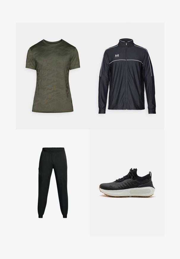 Černá sportovní bunda vyrobena z hladké látky, s vysokým límcem, plným zipem a bílým prošíváním podél ramen a hrudi.; Olivově zelené tričko s krátkým rukávem, se slabým camo vzorem. Vyrobeno z měkké tkaniny, s kulatým výstřihem a přiléhavým střihem.; Černé sportovní kalhoty s elastickým pasem, zúženým střihem nohavic, bočními kapsami a kontrastními panely. Lehce, hladká látka.; Černá sportovní bota s texturovaným svrškem, límcem připomínajícím ponožku, šedými tkaničkami a bílou mezipodešví s vzorovaným designem a gumovou podešví.