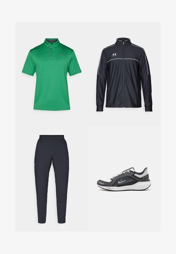 Fekete sportdzseki sima szövetből, magas nyakkal, teljes cipzárral és fehér díszítéssel a vállakon és a mellkason.; Zöld póló, texturált anyagból készült, klasszikus gallérral, három gombbal, és egy kis lila logóval a bal mellrészen.; Fekete sportnadrág sima textúrával, karcsú szabással, rugalmas derékrésszel és oldalzsebekkel. A bal combján egy kis logó található.; Fekete és szürke sportcipő, hálós felsőrésszel, fényvisszaverő részletekkel és fehér középtalppal. A talpa texturált gumiból készült, és fűzőkkel rendelkezik.