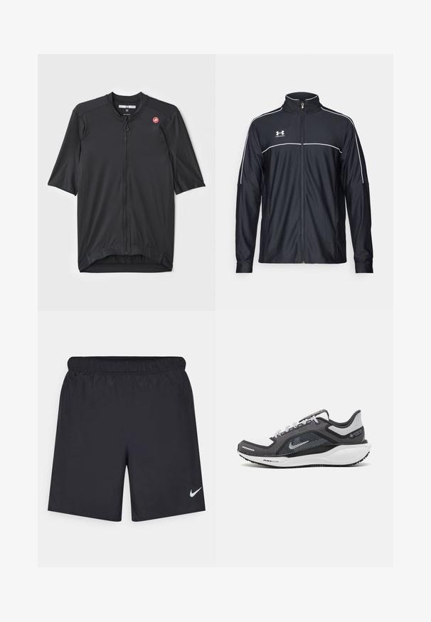 Fekete sportdzseki sima szövetből, magas nyakkal, teljes cipzárral és fehér díszítéssel a vállakon és a mellkason.; Fekete anyagú, rövid ujjú kerékpáros mez, elöl cipzáros záródással, kis logóval és textúrált mintázattal a testen.; Fekete sportnadrág könnyű anyagból, rugalmas derékkal. A bal alsó oldalon egy kis fehér Nike-logó található.; Fekete és szürke sportcipő, hálós felsőrésszel, fényvisszaverő részletekkel és fehér középtalppal. A talpa texturált gumiból készült, és fűzőkkel rendelkezik.