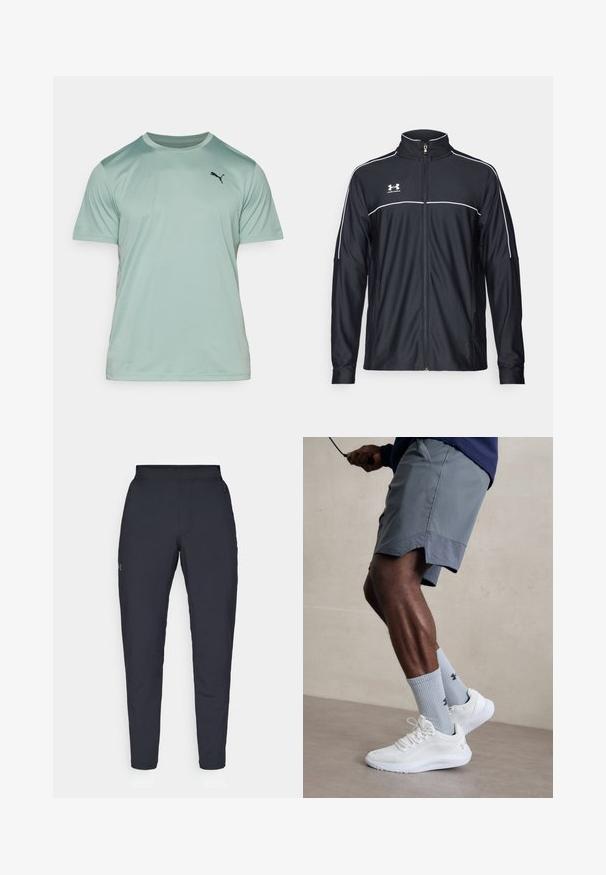 Svart treningsjakke laget av glatt stoff, med høy krage, full glidelås og hvite detaljer langs skuldrene og brystet.; Lys grønn trenings t-skjorte med kort erm, laget av et glatt, pustende stoff. Har en liten svart Puma-logo på brystet.; Sorte treningbukser med glatt tekstur, smal passform, elastisk midjebånd og sidelommer. Har en liten logo på venstre lår.; Hvite treningssko med teksturert mesh-overdel, kombinert med lyseblå ribbestrikkede sokker med logo. Grå treningsshorts med perforert kant.