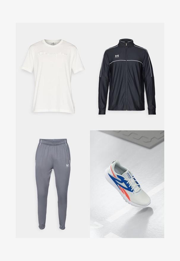 Musta urheilu takki, joka on valmistettu sileästä kankaasta. Takissa on korkea kaulus, täyspitkä vetoketju ja valkoiset tehosteet olkapäissä ja rinnassa.; Valkoinen puuvillapaita lyhythihaisilla hihoilla, jossa on kohokuvioitu "Champion"-logo rinnassa, pyöreä kaula-aukko ja suora helma.; Harmaat urheiluhousut, joissa on joustava vyötärö, sivutaskut ja valkoiset yksityiskohdat. Valmistettu sileästä, kevyestä materiaalista.; Valkoinen urheilukenkä, jossa on sinisiä ja punaisia yksityiskohtia, nauhoitettu ja leijailemassa vaaleanharmaalla lattialla, taustalla viiva ja matto.