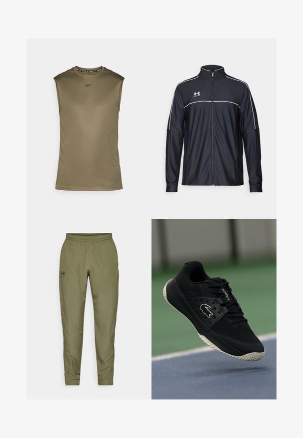 Mustmust rõivakate, mis on valmistatud siledast kangast, kõrge kraega, täispika tõmblukuga ja valgete ääristega õlgadel ja rinnaosas.; Varrukateta sportlik särk oliivrohelises, valmistatud siledast ja kergest kangast. Omab musta Reeboki logo ja ümmargust kaelust.; Oliivroheline spordipüksid elastse vöökohtaga, kitsenevad jalad, sile tekstuur ja väike must logo vasakul küljel.; Must mustus jalanõud mustritega ülemise osa ja siledate aktsentidega, valge logo, nöörimise disain ja paindlik kummist välistald.