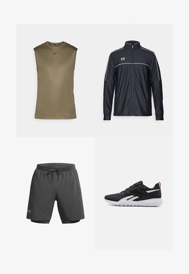 Zwarte sportjack van soepel materiaal, met een hoge kraag, volledige ritssluiting en witte piping langs de schouders en borst.; Mouwloos sporttop in olijfgroen, gemaakt van een gladde, lichte stof. Kenmerkt zich door een zwart Reebok-logo en een ronde halslijn.; Donkergrijze sportshorts met een elastische tailleband, verstelbaar trekkoord en een innerlijke mesh voering; heeft subtiele merkafbeelding op het linkerpunt.; Zwarte sportieve schoenen met een bovenkant van mesh, witte accenten, een gestructureerde zool en een rode hieltab voor extra detail.