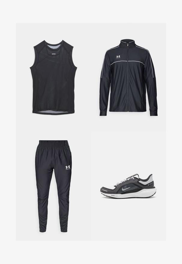 Black athletic jacket made of smooth fabric, featuring a high collar, full zipper, and white piping along the shoulders and chest.; Black sleeveless athletic top featuring mesh fabric, round neckline, and reinforced armholes. Minimalist design with subtle branding.; Under Armour PRO PANT - Tracksuit bottoms - black/white; Black and gray athletic shoe with a mesh upper, reflective accents, and a white midsole. Features textured rubber outsole and laces.