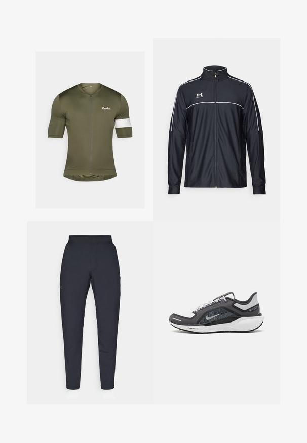 Svart treningsjakke laget av glatt stoff, med høy krage, full glidelås og hvite detaljer langs skuldrene og brystet.; Kortermet sykkelt-skjorte i olivengrønn med glidelås foran, hvit skulderdetalj og "Rapha"-logo i hvitt på brystet.; Sorte treningbukser med glatt tekstur, smal passform, elastisk midjebånd og sidelommer. Har en liten logo på venstre lår.; Svart og grå atletisk sko med mesh-overdel, refleksdetaljer og hvit mellomsåle. Har strukturert gummisåle og lisser.
